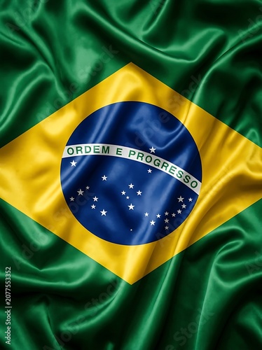 Brazilian national flag with prominent green, yellow, and blue colors, featuring a wavy silk texture
