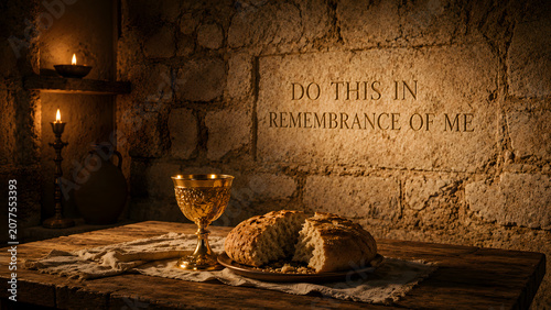 Holy communion chalice, bread, and do this in remembrance of me on stone wall