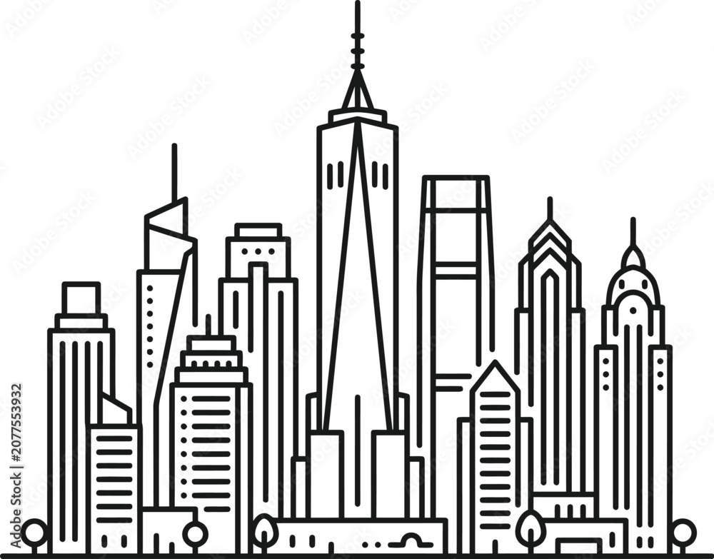 Obraz premium Modern city skyline silhouette with skyscrapers and high rise buildings in a clean minimalist vector style