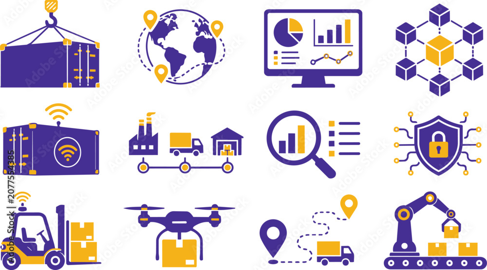 Fototapeta premium Logistics Supply Chain Smart Technology Flat Vector Icon Set