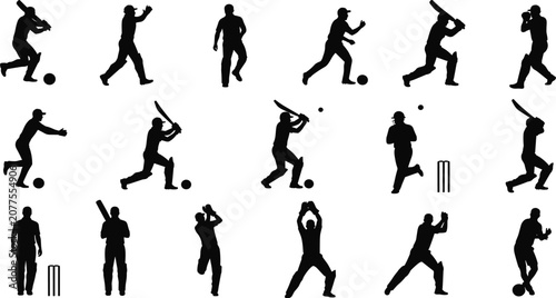 Fotografie Cricket, players, silhouette, set, batsman, bowler, fielder, sports, action, pos