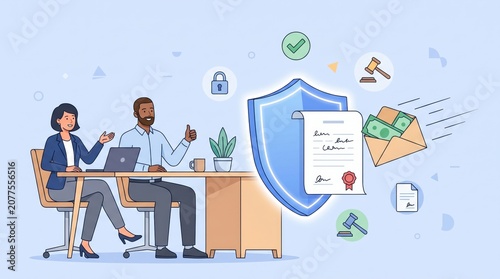 Business professionals working at desk with shield representing financial security and legal protection