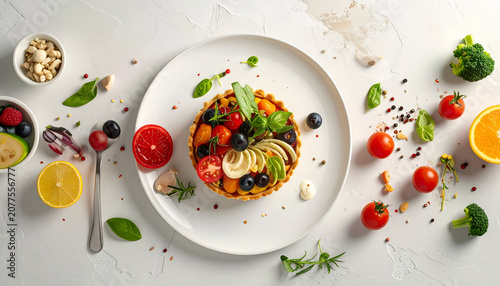 Overhead shot of a colorful tart on a plate, surrounded by various fresh ingredients