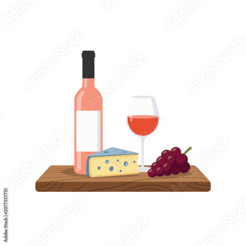 Rose Wine Bottle with Glass, Cheese and Grapes on Wooden Board, Isolated Transparent Background Vector Illustration for Food Pairing or Gourmet Lifestyle