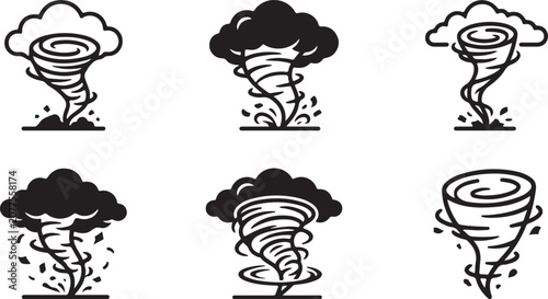 Fotografija Set of tornado and waterspout illustrations with storm clouds Vector