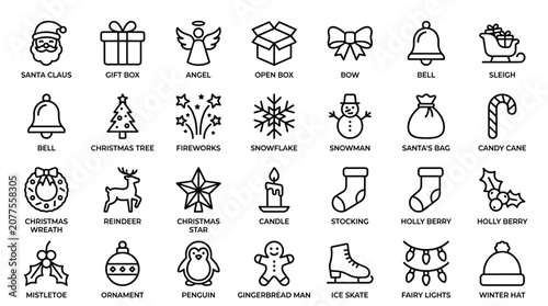 Foto Festive christmas icon collection featuring holiday season symbols like santa claus and gift boxes in a minimalist clean vector line art style for seasonal design