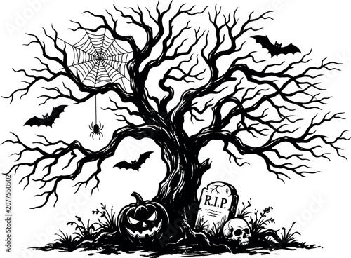 Spooky halloween tree with bats spiderweb pumpkin tombstone and skull isolated on transparent background