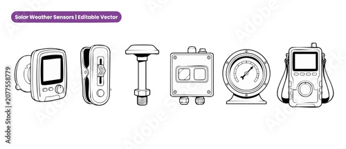 Fotografie Solar weather sensors vector line art illustration set representing meteorological testing instruments, pressure gauge, digital reader devices, and receiver transmitters in thin black outline icons