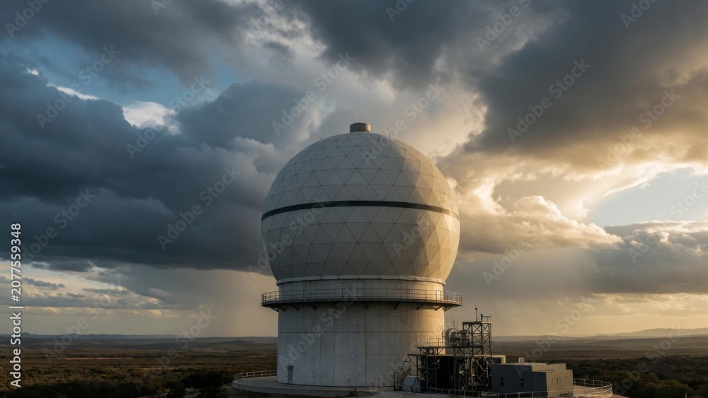 Fototapeta premium Radar Dome Station Against Dramatic Stormy Sky at Sunset