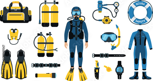 Foto Flat Style Scuba Diving Equipment Collection Set with Diver Wetsuit Tank Mask Fi