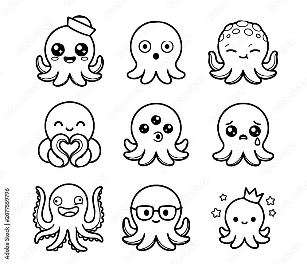 Fototapeta premium Cute Chibi Octopus Cartoon Character Kawaii Ocean Sea Animal Vector Illustration