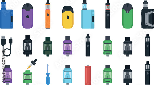 Fotografie Flat Design Electronic Cigarette and Vape Device Collection With Tanks Mods Coil