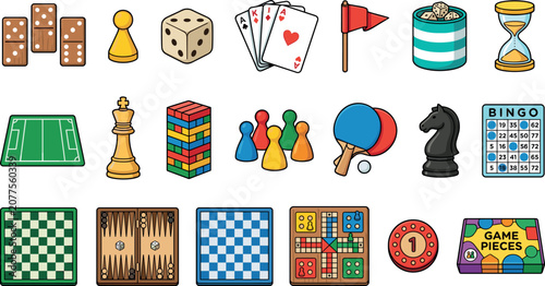 Schilderij op canvas Colorful Board and Table Game Icon Set With Chess Domino Dice Cards Bingo Ludo a
