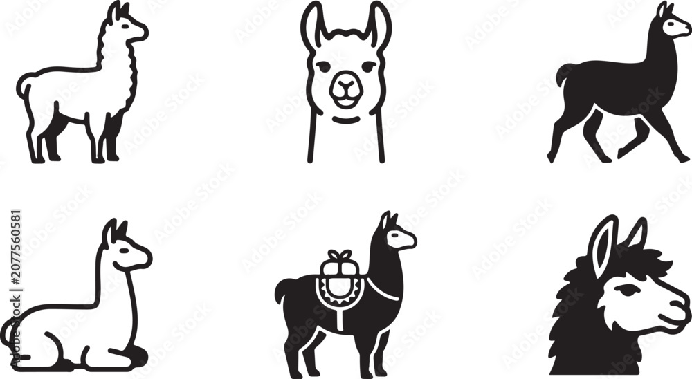 Fototapeta premium Six stylized llama silhouette icons in black and white vector art Vector