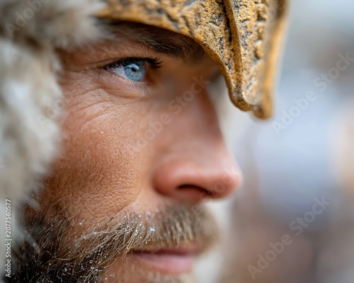Extreme close-up portrait of a Nordic Viking warrior with striking blue eyes, wearing a rustic fur hood and a weathered metal helmet, with frost on his beard
