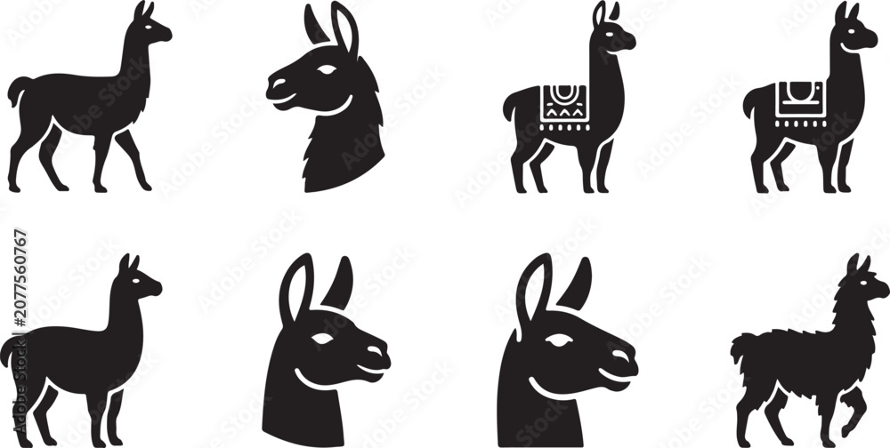 Obraz premium Black and white stylized llamas and alpacas vector icons set Vector