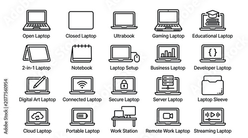 Konstfotografi Portable computer line icon set representing diverse notebook types software applications and remote working scenarios for digital business and modern technology
