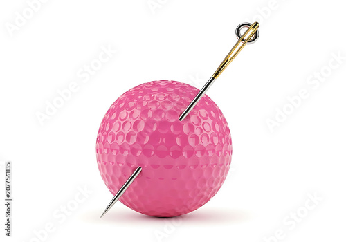 Pink golf ball pierced by sewing needles