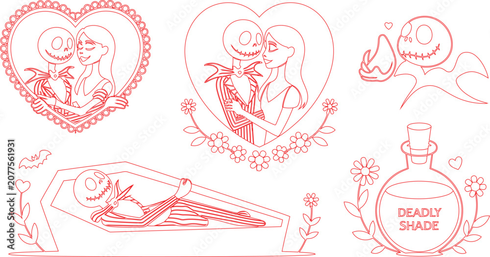 Obraz premium Stylized skeletal couple with hearts, coffin, and potion bottle, representing gothic romance in line art