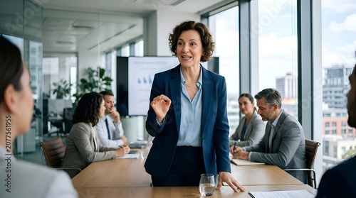 Confident Woman Leads Business Meeting Discussion in Modern Office
