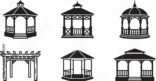 Bild auf Leinwand Six different gazebo designs with wooden frames and black roofs Vector