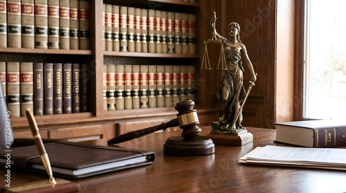 Justice Scale Statue, Gavel, Books & Legal Documents on Lawyer's Desk
