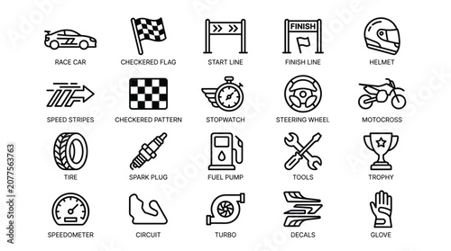 Bild auf Leinwand Set of racing sport icons featuring automotive elements speed markers performance parts and competition gear for motorsport event branding and design projects