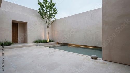 Minimalist courtyard design features a serene water pond and a singular tree against tall concrete walls.