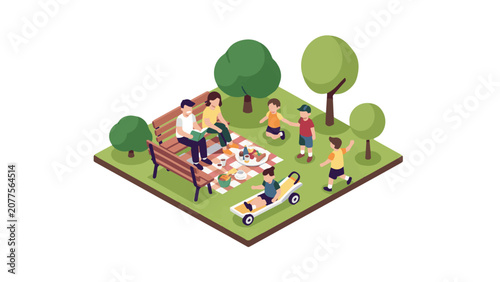 Family Picnicking in Park with Children and Relaxing Environment