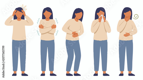 Tableau sur toile Vector illustration of a woman suffering from common sickness symptoms