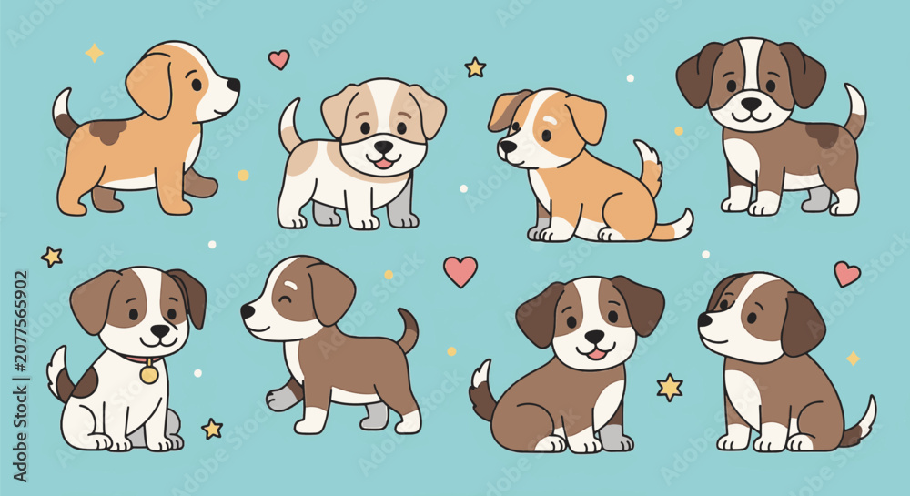 Fototapeta premium Vector collection of eight cute puppies in different poses like sitting and standing. Brown, tan, and white cartoon dogs on a blue background with hearts, stars, and decorative dots.