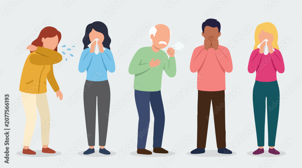 Fototapeta premium People with cold and flu symptoms: coughing, sneezing, and hygiene