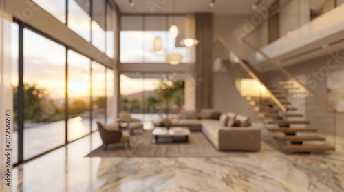 blurred luxury villa interior, double height living area, marble floors, floating staircase, floor to ceiling windows at sunset.