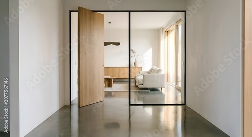 Modern interior design with pivoting wooden door and glass wall
