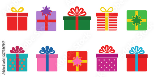 Foto Set of colorful gift boxes with ribbons and bows, collection of various present