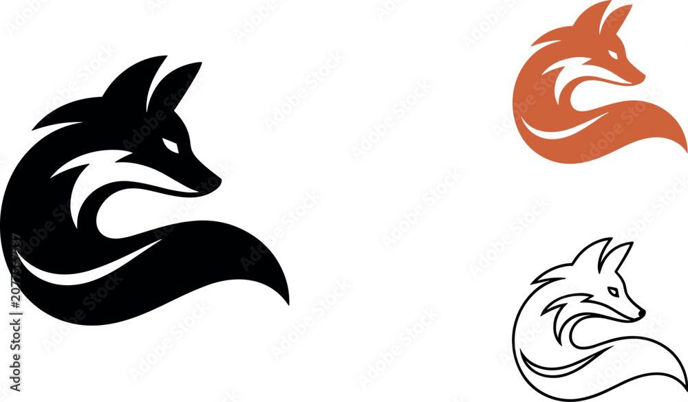 Obraz premium Minimalist abstract fox head logo icon set featuring sleek modern curved wildlife silhouettes in black orange and outline vectors