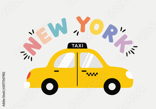 Tableau sur toile Cartoon yellow taxi car vector illustration, urban transportation cab, automobil