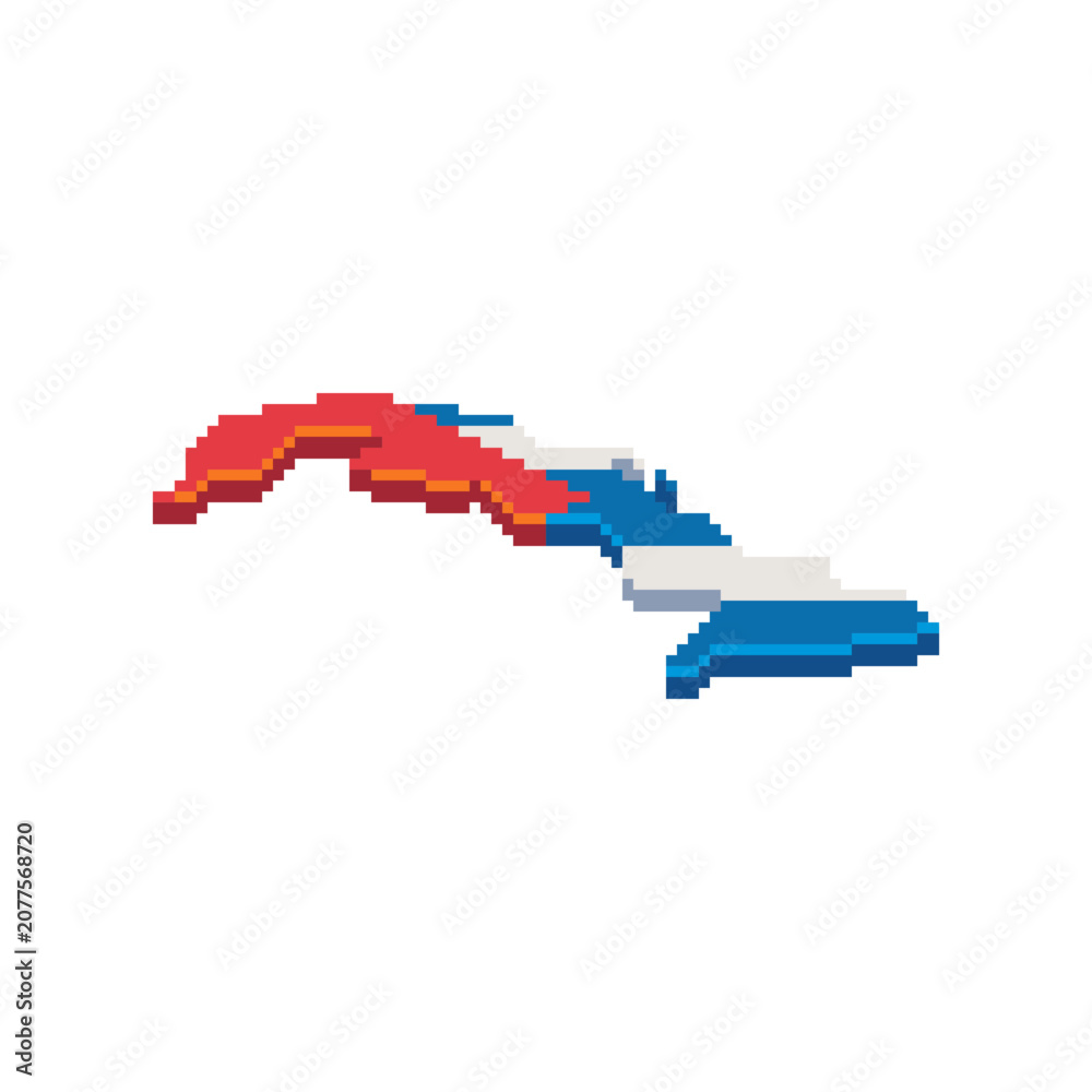 Fototapeta premium Pixel art map of Cuba featuring the national flag. Retro 8-bit country silhouette isolated on a white background, travel, geography, education, games, and creative design projects.