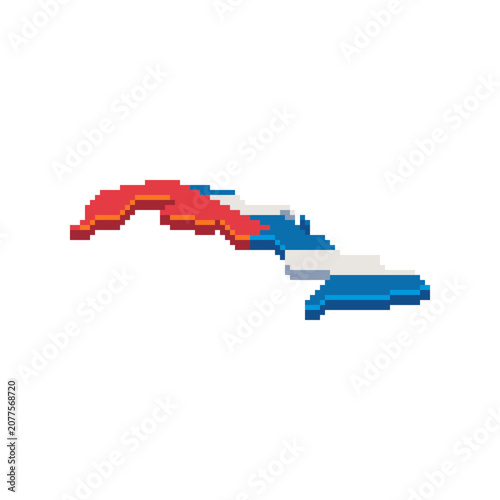 Pixel art map of Cuba featuring the national flag. Retro 8-bit country silhouette isolated on a white background, travel, geography, education, games, and creative design projects.