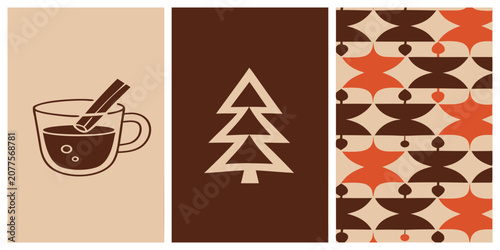 Foto Abstract retro 70s winter cozy vector card set with minimal geometric Christmas tree, hot chocolate cinnamon mug, and vintage tile pattern