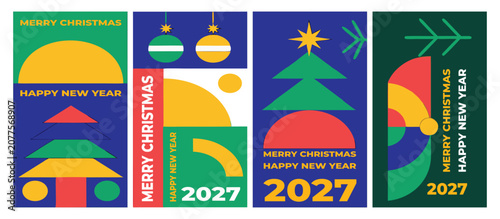Foto Abstract geometric Merry Christmas and Happy New Year 2027 card template bundle with minimalist tree, ornaments, and retro color blocks