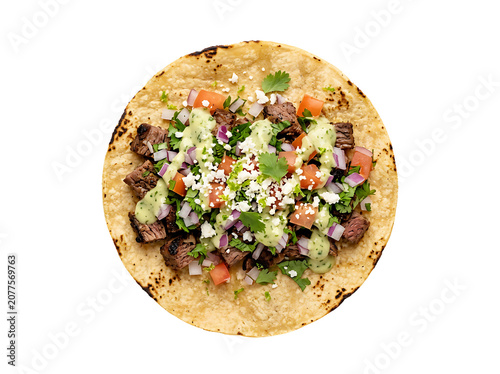 Traditional Carne Asada Beef Taco with Fresh Vegetables on White Background