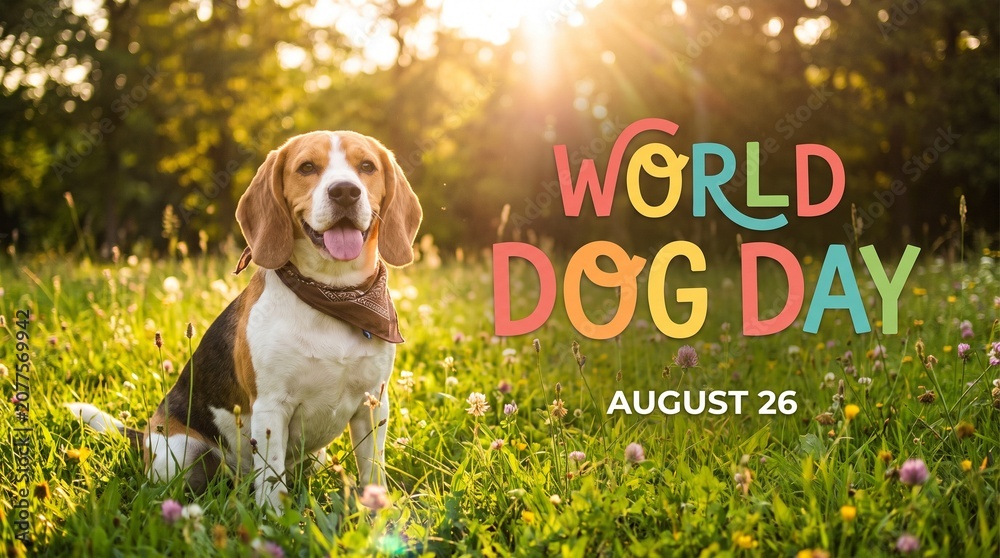 Obraz premium World Dog Day background with beagle sitting on green grass field meadow