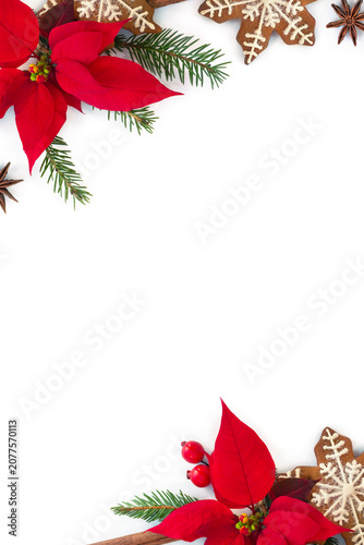 Christmas background with red poinsettia flower, gingerbread cookie, cinnamon sticks, anise stars, spruce branches and red berries on white background with copy space, top view