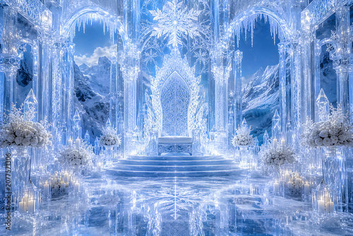 Mystical Ice Cave Tunnel with Glowing Blue Light and Frozen Formations