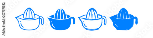 Foto Set of four blue hand-drawn citrus juicer icons in various styles, from minimalist line art to bold silhouettes