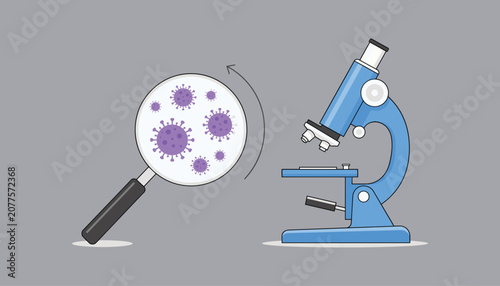 Tableau sur toile Blue microscope and magnifying glass with purple virus cells purple cells vector