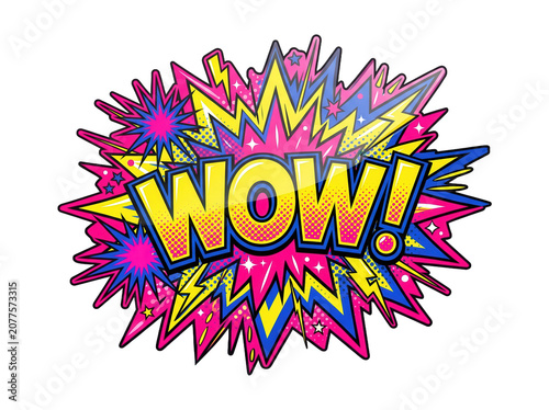 WOW comic sticker isolated on transparent background. Pop art symbol for excitement and expression.