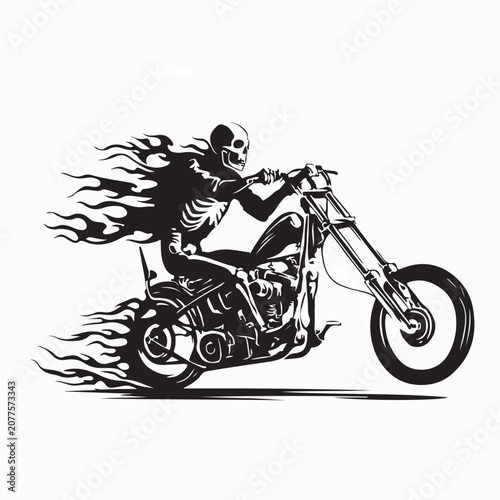 Skeleton Biker on Chopper with Flames Vector Illustration On White Background