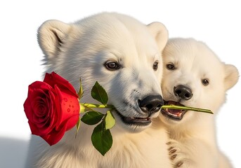 Polaroid bear holding a red rose
